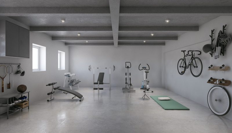 Private hotel home gym in basement showcase. Light sport room wi