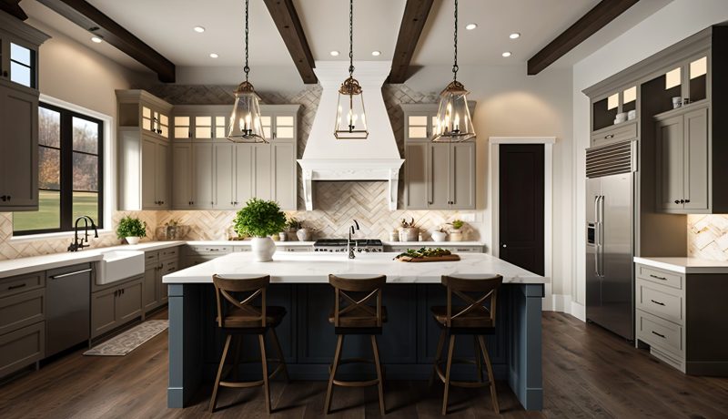 Traditional kitchen in beautiful new luxury home with hardwood floors, wood beams, and large island quartz counters. Includes farmhouse sink, elegant pendant lights, and large windows generative ai