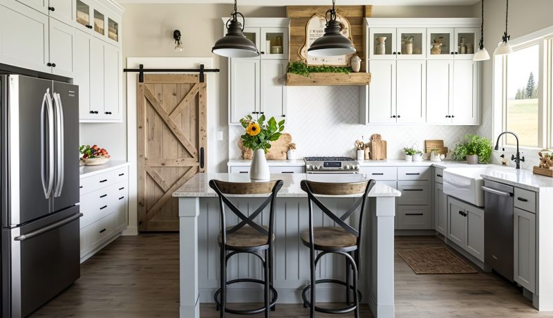 Bright, spacious and modern farmhouse style kitchen. Generative AI