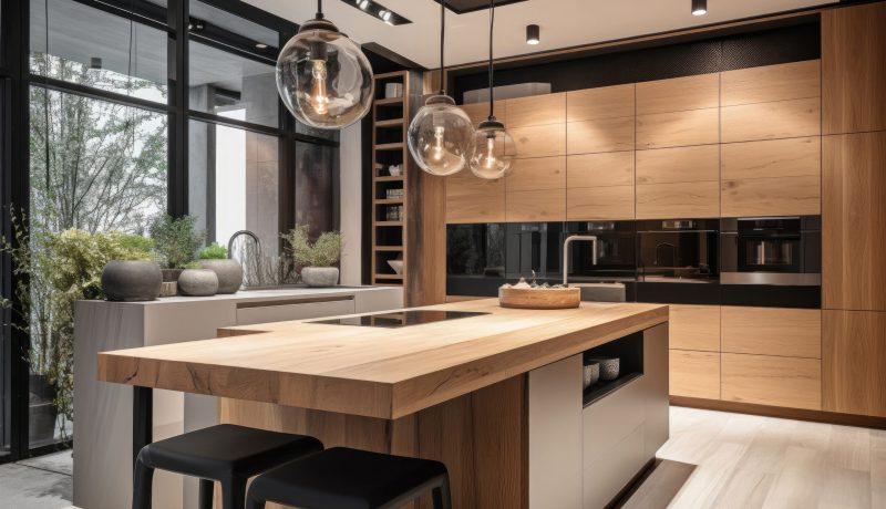 Kitchen island in modern luxurious kitchen interior. Created with Generative AI technology.